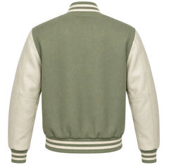 Sage green wool varsity jacket with cream leather sleeves, back view