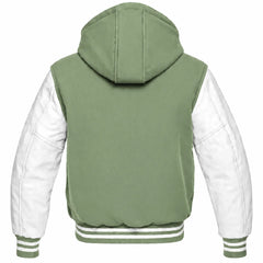 Sage Green and White Hooded Varsity Jacket