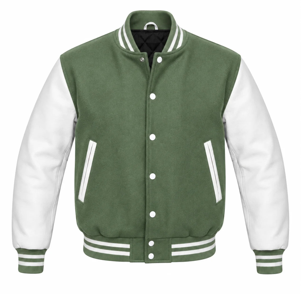 Sage Green and White Varsity Jacket with Wool Body and Leather Sleeves
