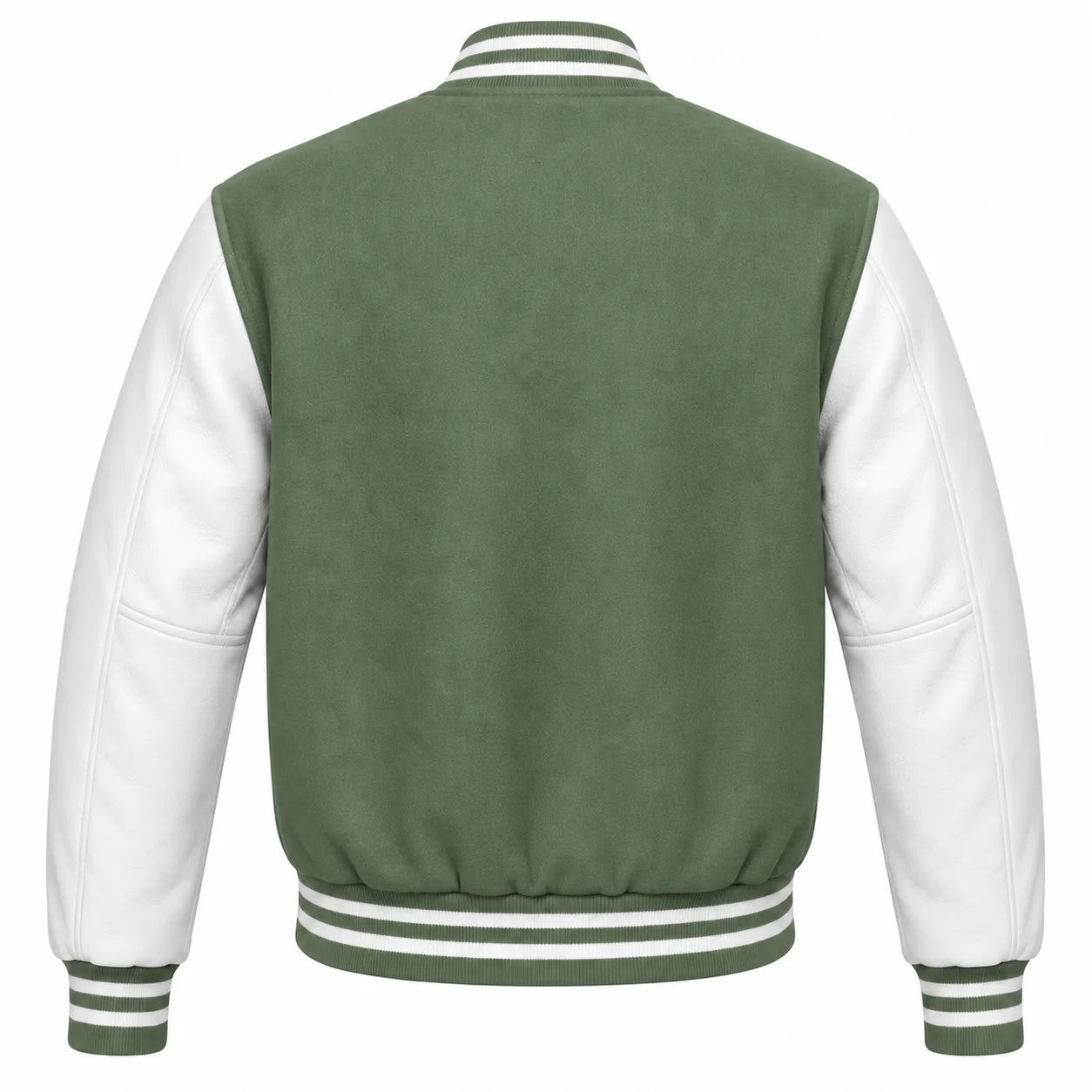 Sage Green and White Varsity Jacket with Wool Body and Leather Sleeves Back View