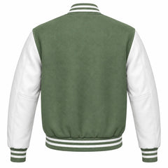 Sage Green and White Varsity Jacket with Wool Body and Leather Sleeves Back View