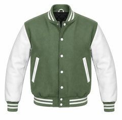Sage Green and White Varsity Jacket with Wool Body and Leather Sleeves