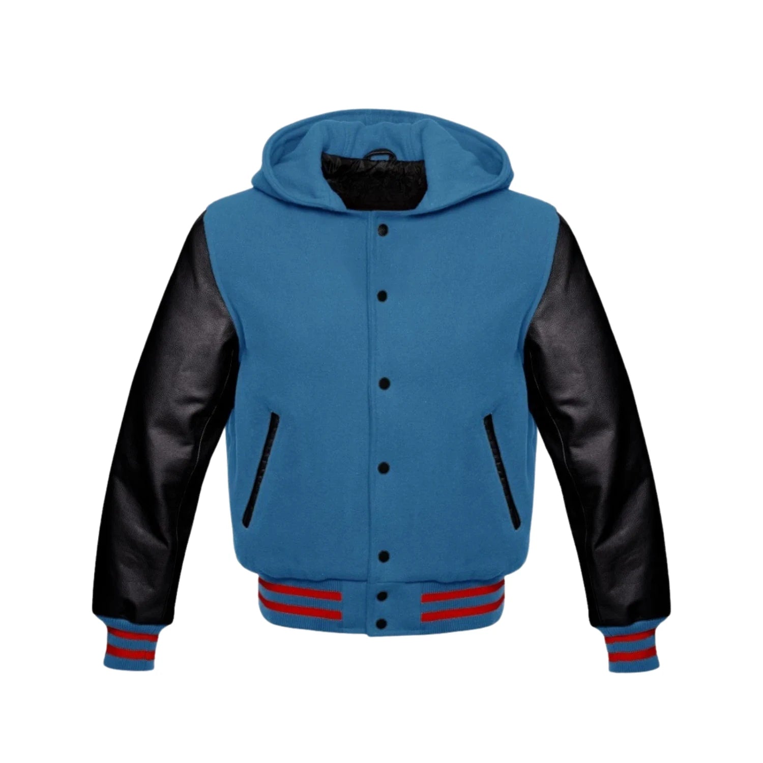 Sky Blue Wool and Black Leather Hooded Varsity Jacket