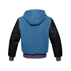 Sky Blue Wool and Black Leather Hooded Varsity Jacket Back Side
