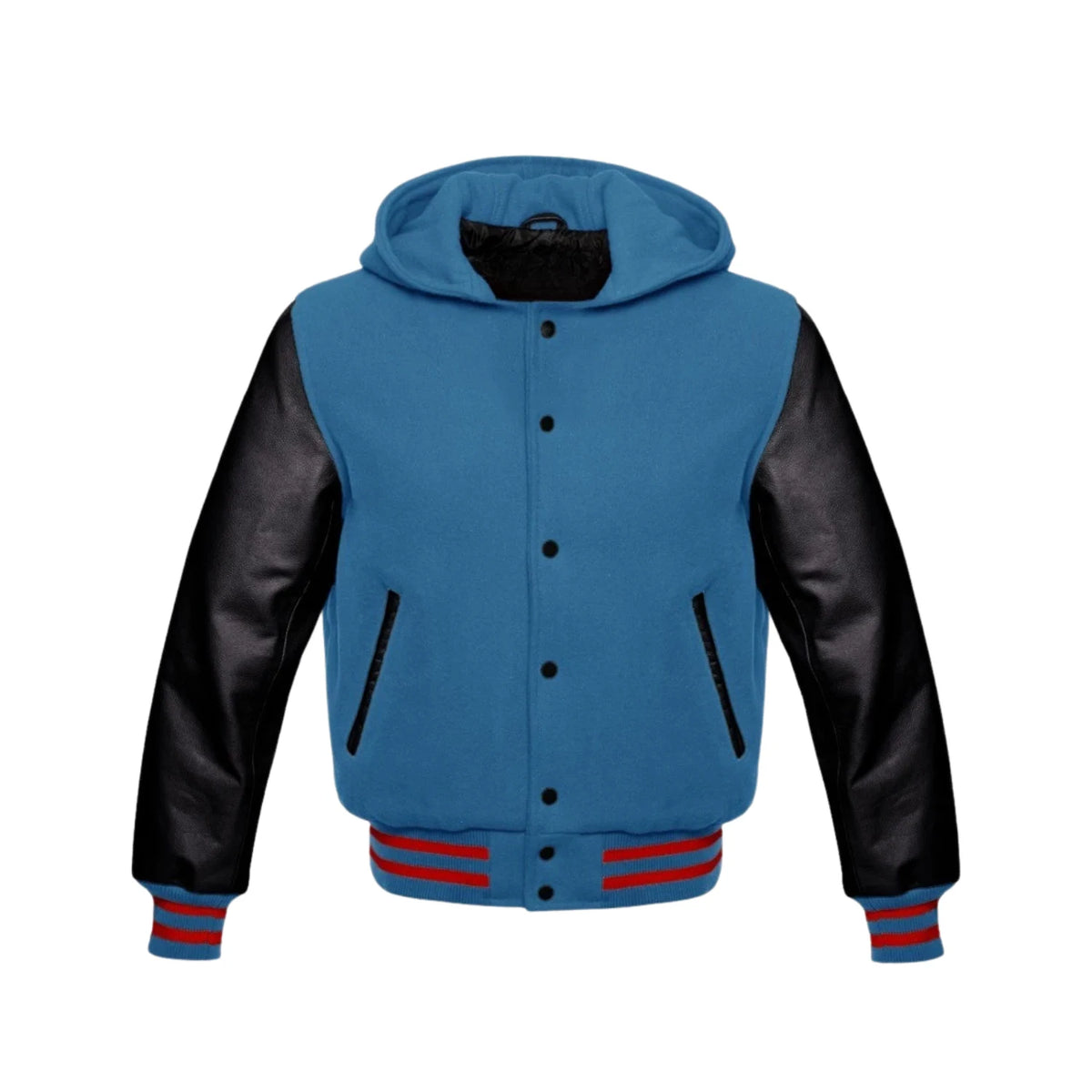 Sky Blue Wool and Black Leather Hooded Varsity Jacket