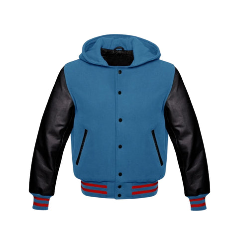 Sky Blue Wool and Black Leather Hooded Varsity Jacket