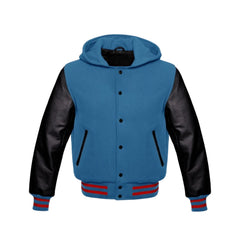 Sky Blue Wool and Black Leather Hooded Varsity Jacket