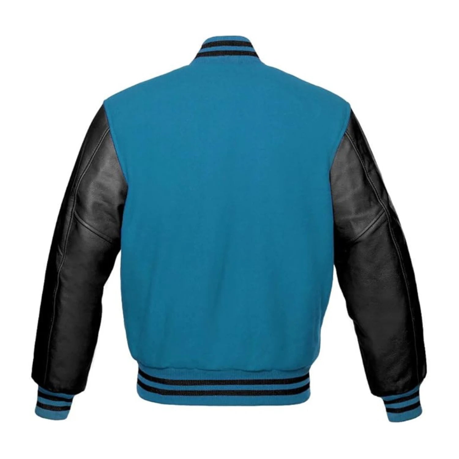 Sky Blue Wool and Black Leather Varsity Jacket Back Side