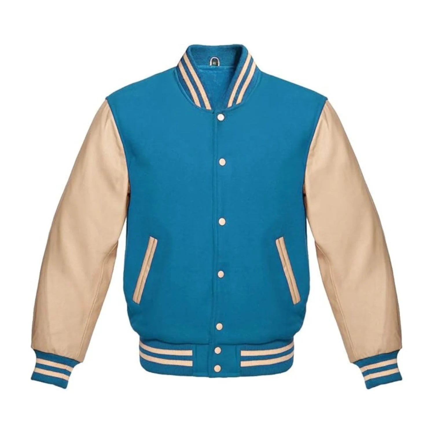 Sky Blue Wool and Cream Leather Varsity Jacket