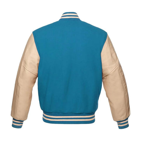 Sky Blue Wool and Cream Leather Varsity Jacket Back Side