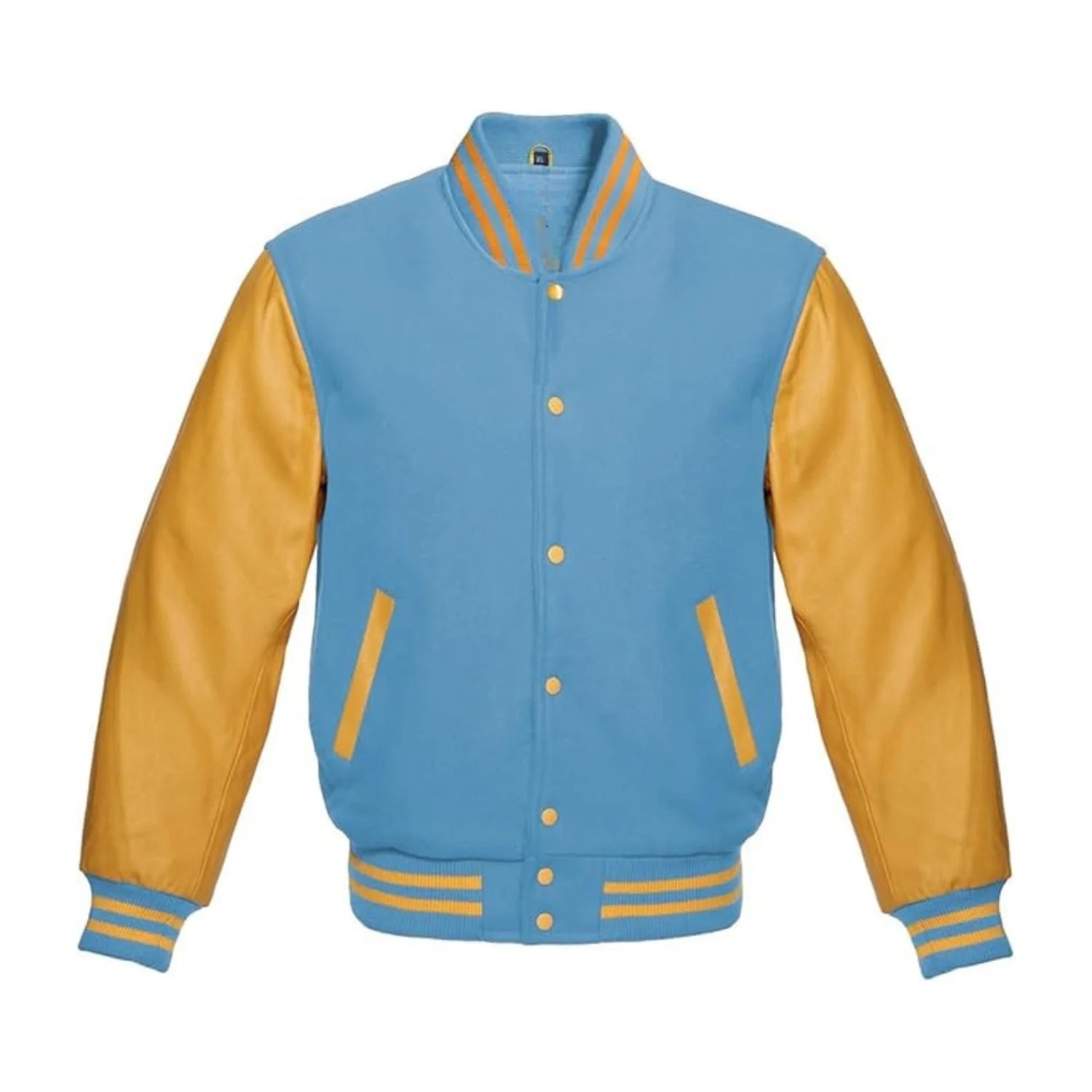 Sky Blue Wool and Gold Leather Varsity Jacket