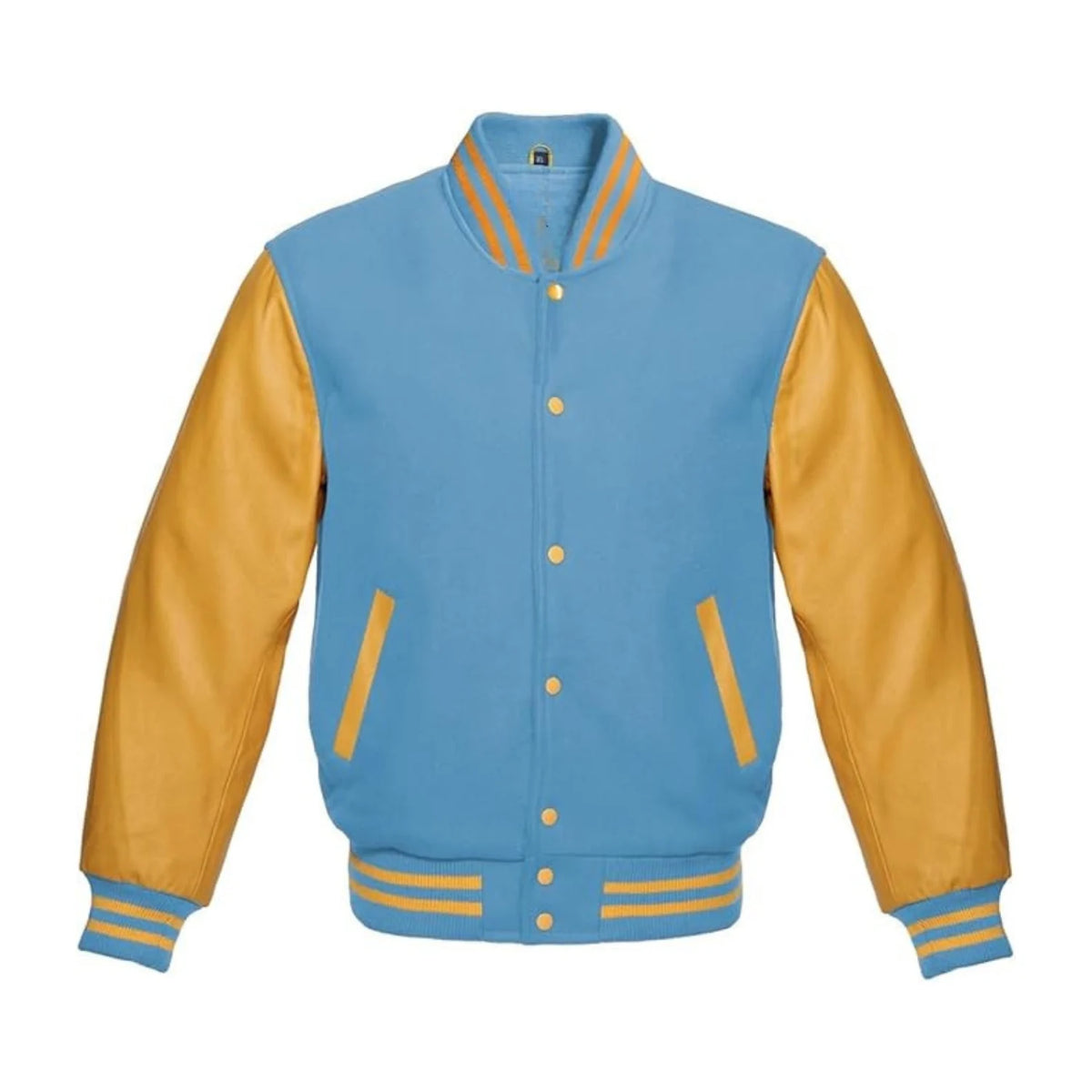 Sky Blue Wool and Gold Leather Varsity Jacket