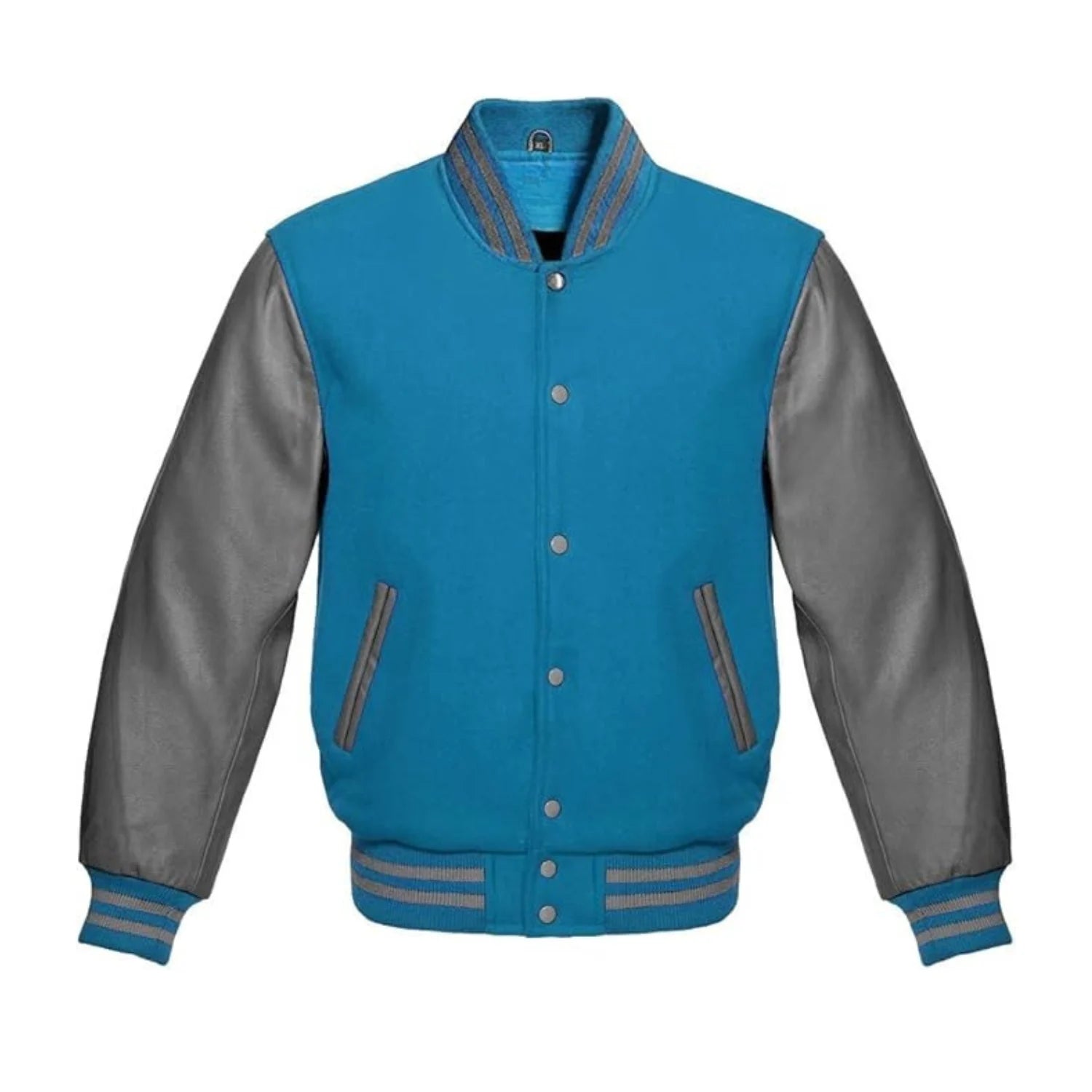 Sky Blue Wool and Grey Leather Varsity Jacket