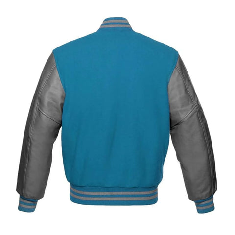 Sky Blue Wool and Grey Leather Varsity Jacket Back Side