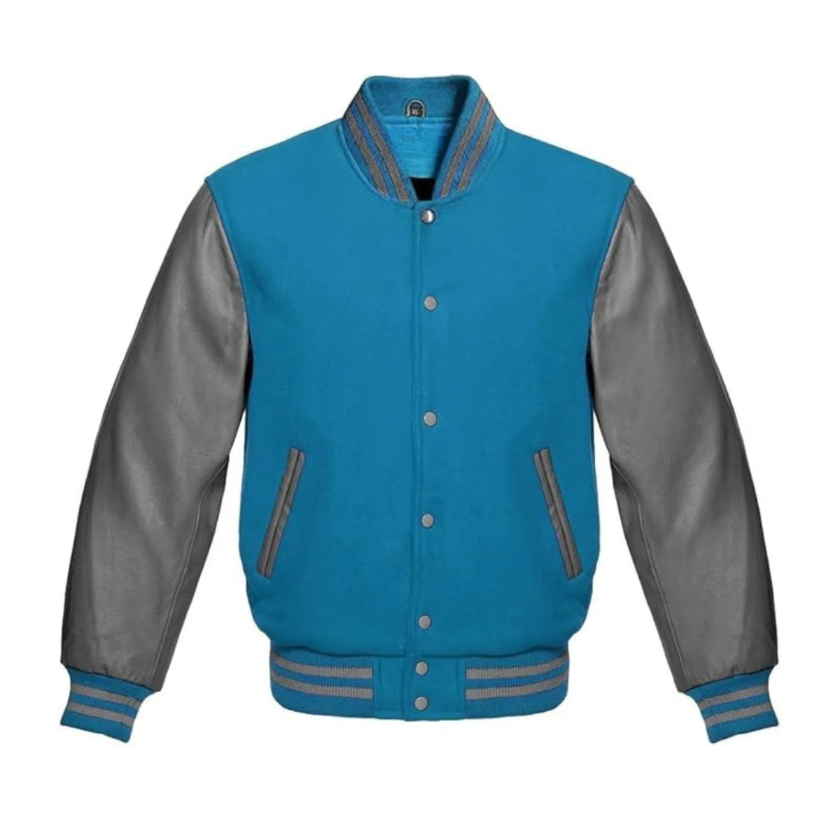 Sky Blue Wool and Grey Leather Varsity Jacket