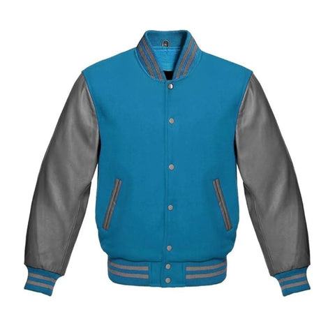 Sky Blue Wool and Grey Leather Varsity Jacket