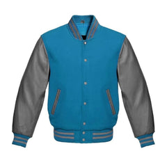 Sky Blue and Grey Varsity Jacket with Wool Body and Leather Sleeves