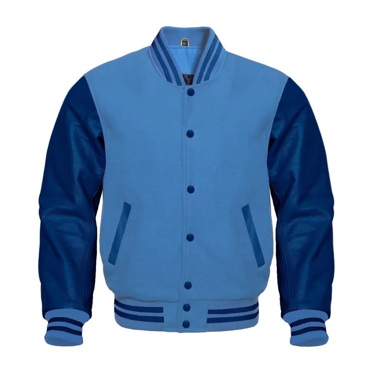 Sky Blue Wool and Navy Leather Varsity Jacket