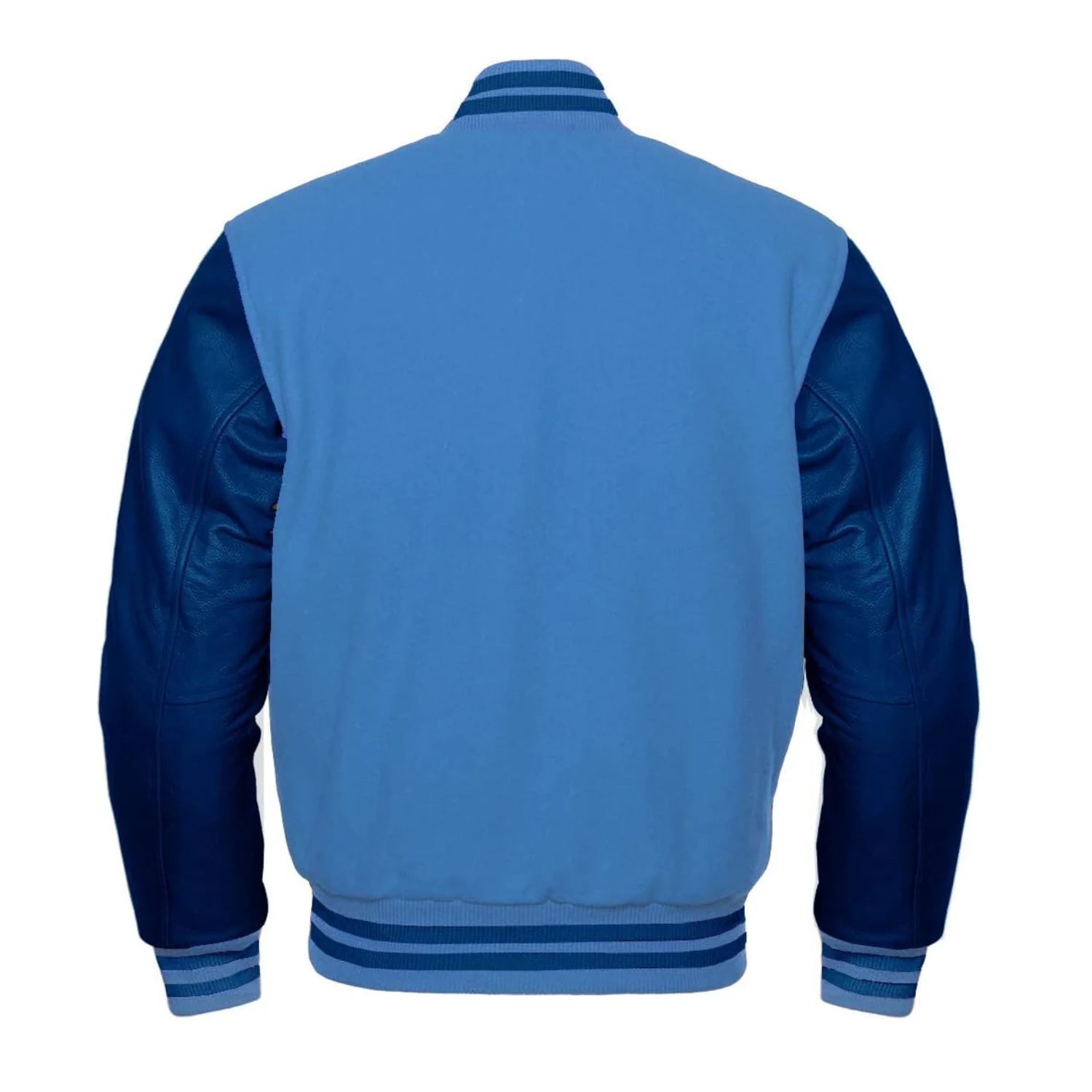 Sky Blue Wool and Navy Leather Varsity Jacket Back Side