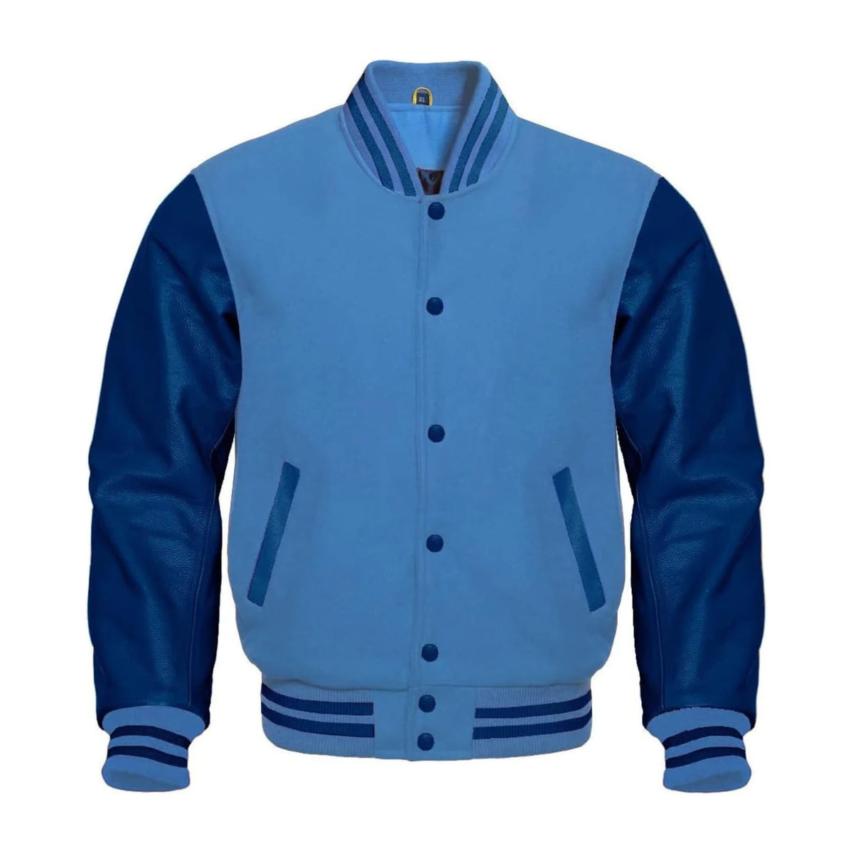 Sky Blue Wool and Navy Leather Varsity Jacket