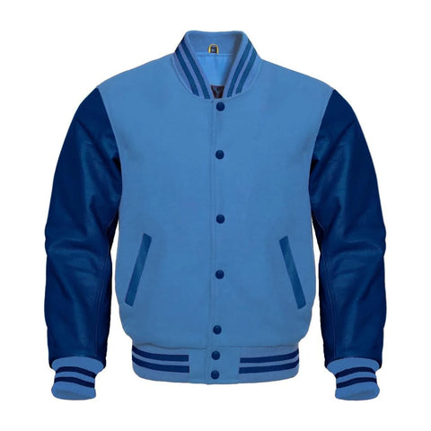Sky Blue Wool and Navy Leather Varsity Jacket