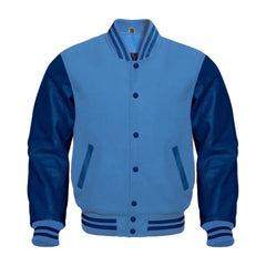 Sky Blue and Navy Varsity Jacket with Wool Body and Leather Sleeves