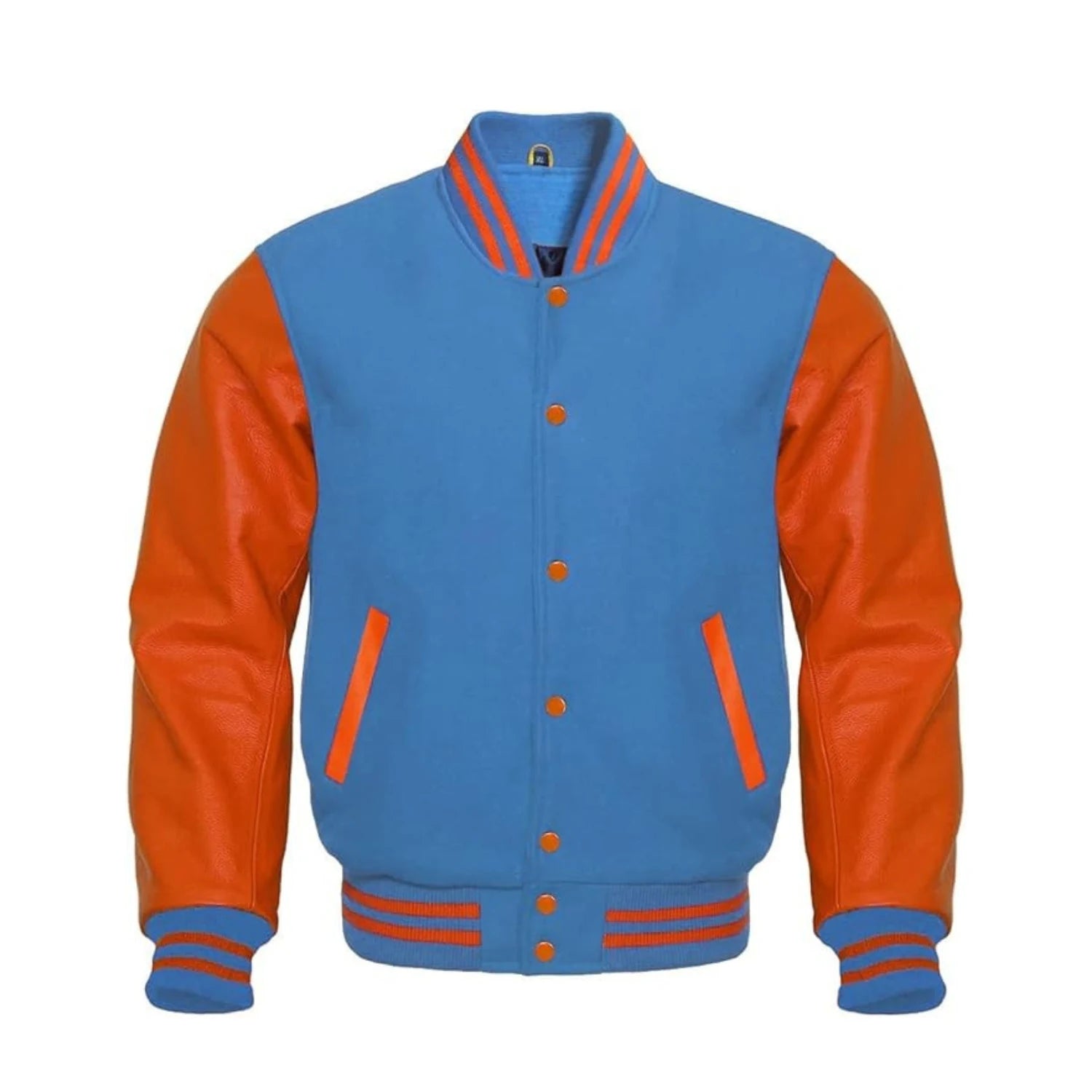 Sky Blue Wool and Orange Leather Varsity Jacket