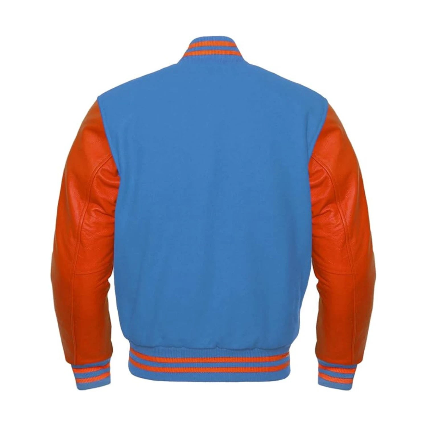 Sky Blue Wool and Orange Leather Varsity Jacket Back Side