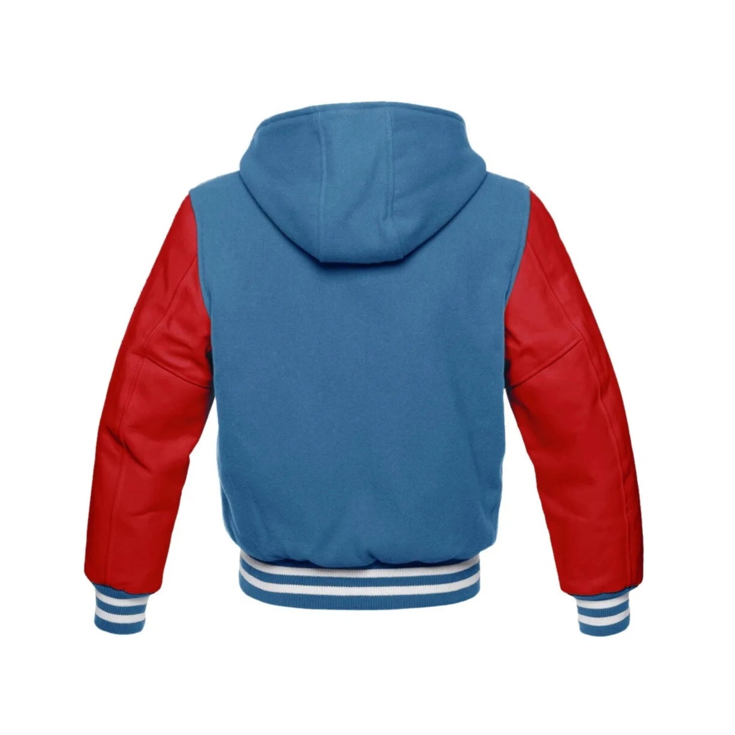 Sky Blue Wool and Red Leather Hooded Varsity Jacket Back Side