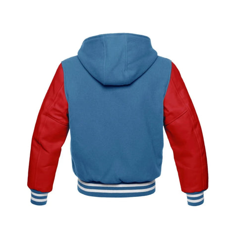 Sky Blue Wool and Red Leather Hooded Varsity Jacket Back Side