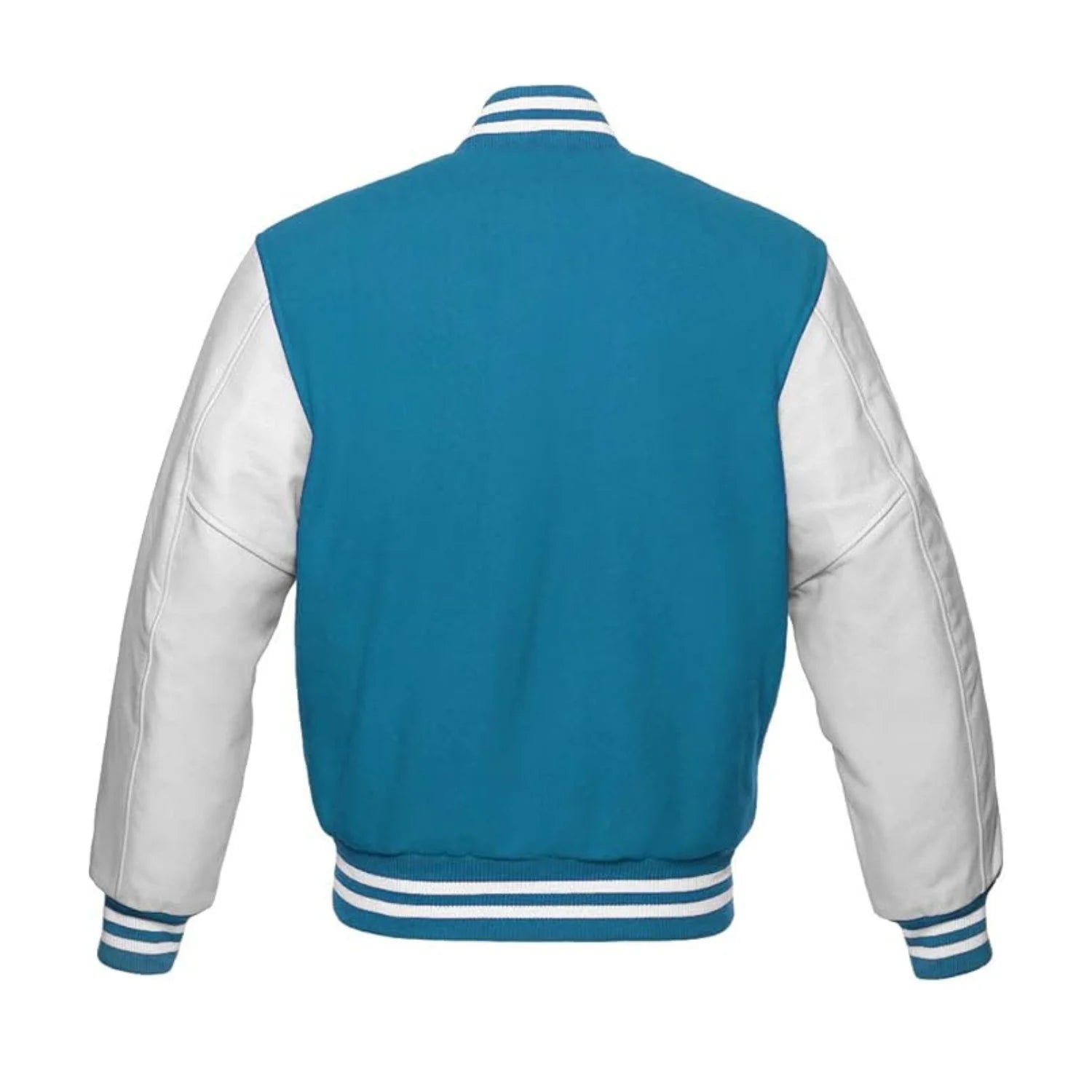 Sky Blue Wool and White Leather Varsity Jacket Back Side