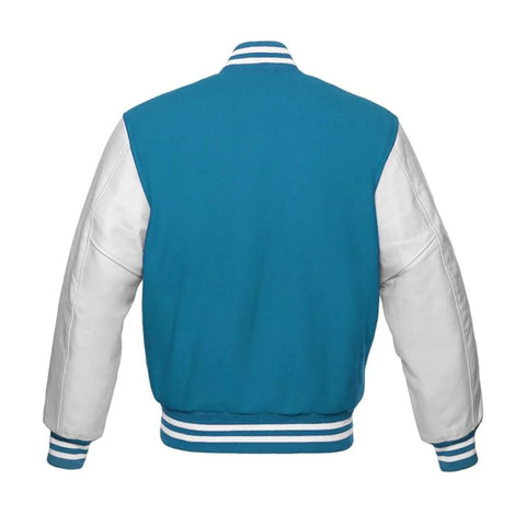 Sky Blue Wool and White Leather Varsity Jacket Back Side