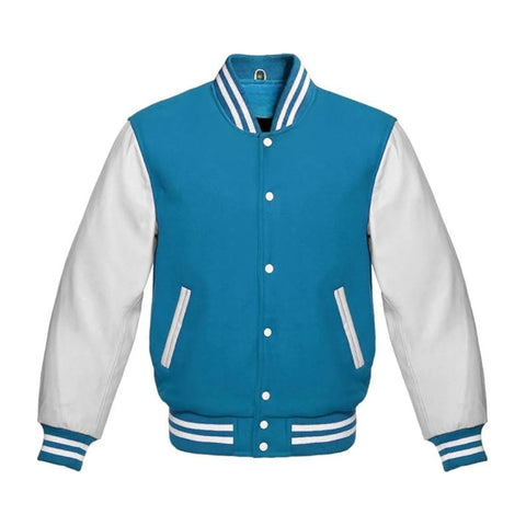 Sky Blue Wool and White Leather Varsity Jacket