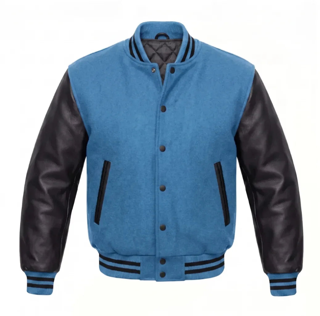 Sky Blue and Black Varsity Jacket with Wool Body and Leather Sleeves