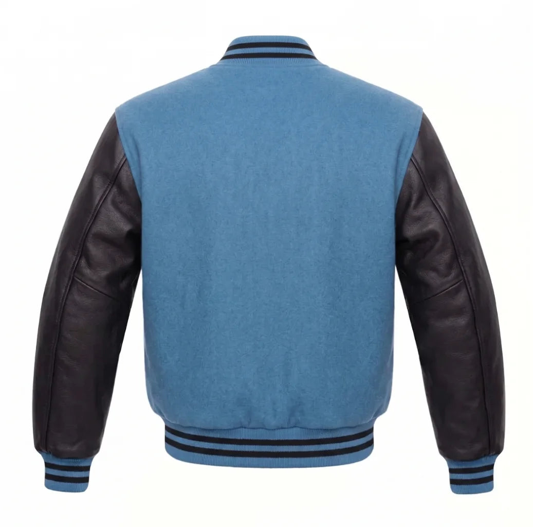Sky Blue and Black Varsity Jacket with Wool Body and Leather Sleeves Back View