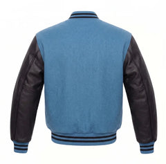 Sky Blue and Black Varsity Jacket with Wool Body and Leather Sleeves Back View