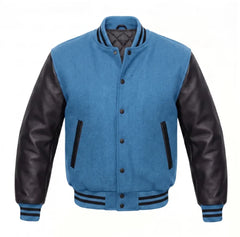 Sky Blue and Black Varsity Jacket with Wool Body and Leather Sleeves