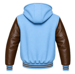 Sky Blue and Brown Varsity Jacket with Hood