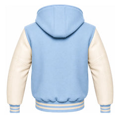 Sky Blue and Cream Hooded Varsity Jacket