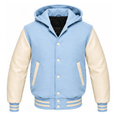 Sky Blue and Cream Hooded Varsity Jacket