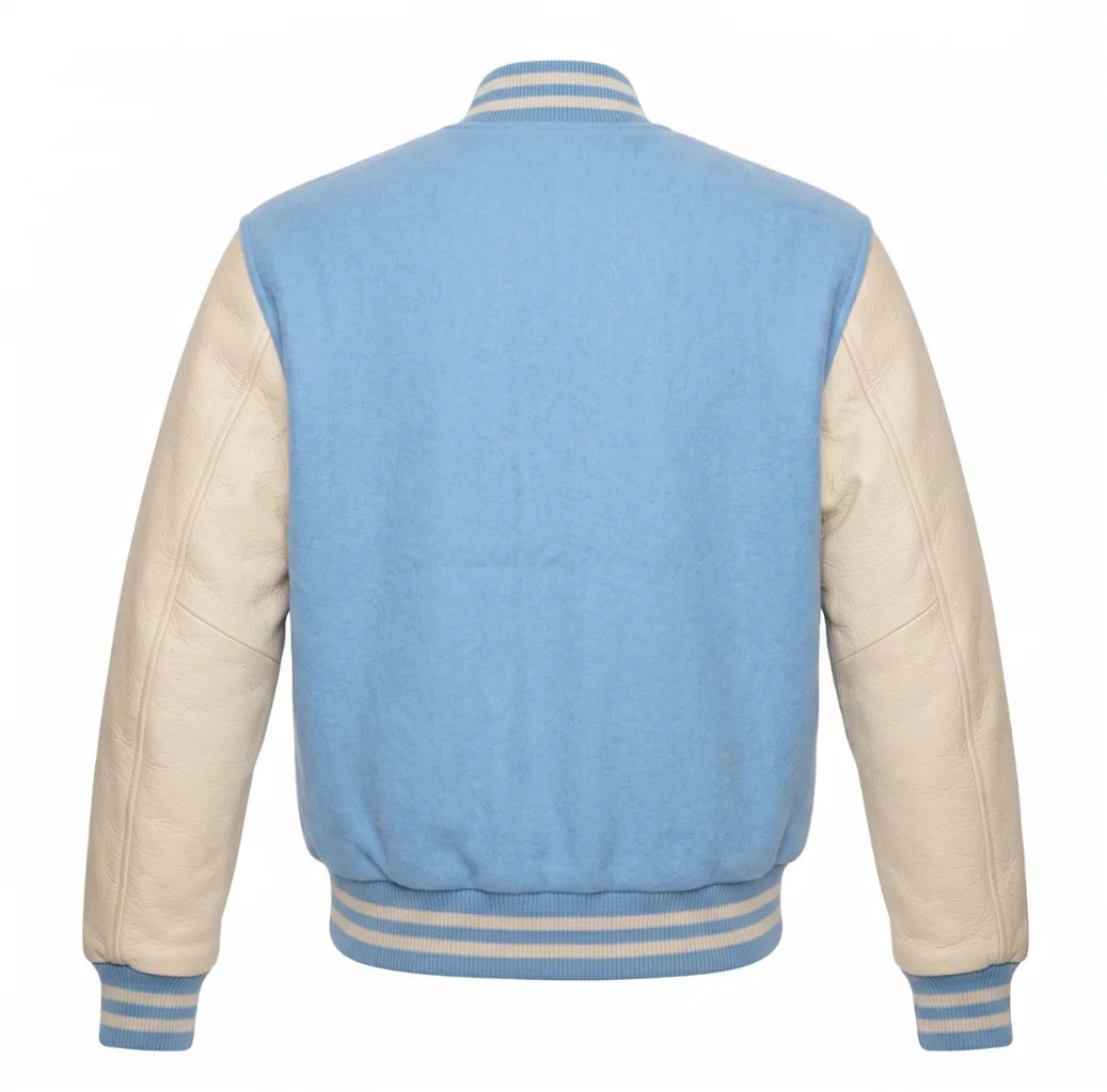 Sky Blue and Cream Varsity Jacket with Wool Body and Leather Sleeves Back View