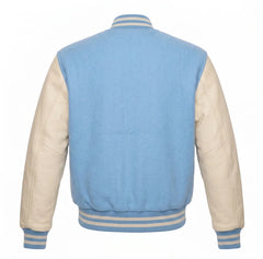 Sky Blue and Cream Varsity Jacket with Wool Body and Leather Sleeves Back View