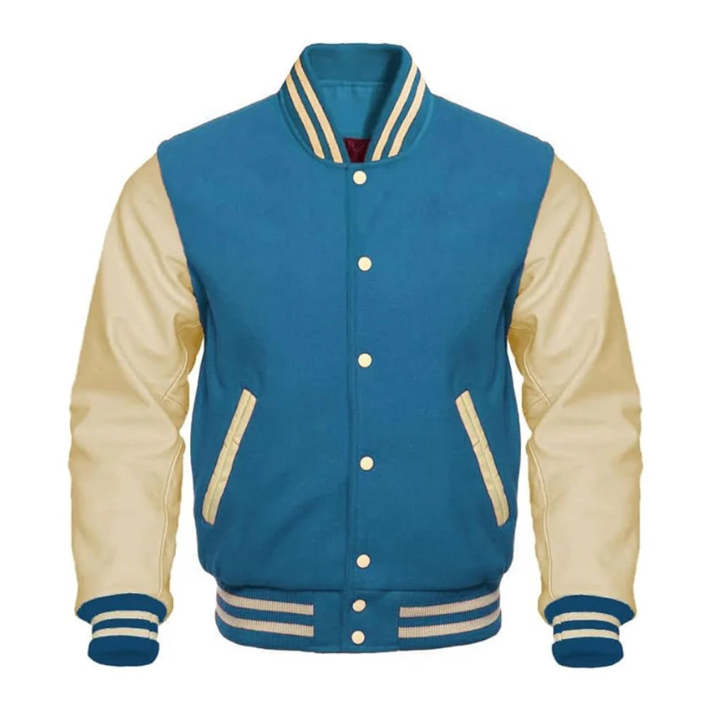 Sky Blue and Cream Varsity Jacket with Wool Body and Leather Sleeves