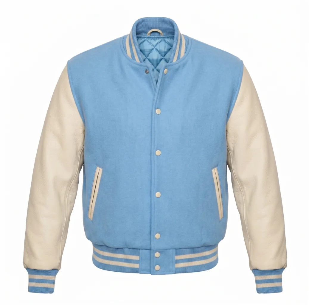 Sky Blue and Cream Varsity Jacket with Wool Body and Leather Sleeves