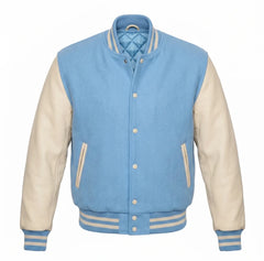Sky Blue and Cream Varsity Jacket with Wool Body and Leather Sleeves