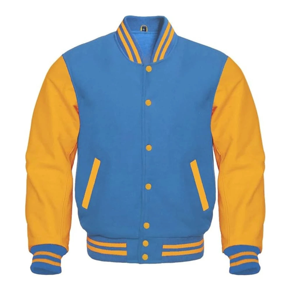 Sky Blue and Gold Varsity Jacket with Wool Body and Leather Sleeves