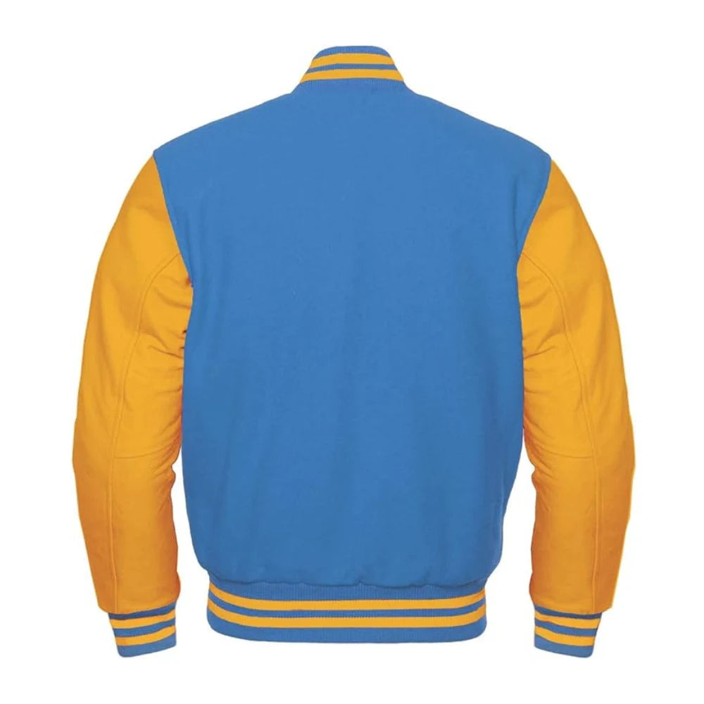 Sky Blue and Gold Varsity Jacket with Wool Body and Leather Sleeves Back Side