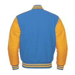 Sky Blue and Gold Varsity Jacket with Wool Body and Leather Sleeves Back Side