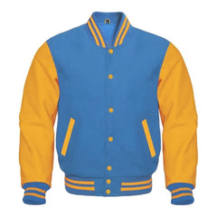 Sky Blue and Gold Varsity Jacket with Wool Body and Leather Sleeves