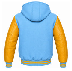 Sky Blue and Gold Varsity Jacket with Hood